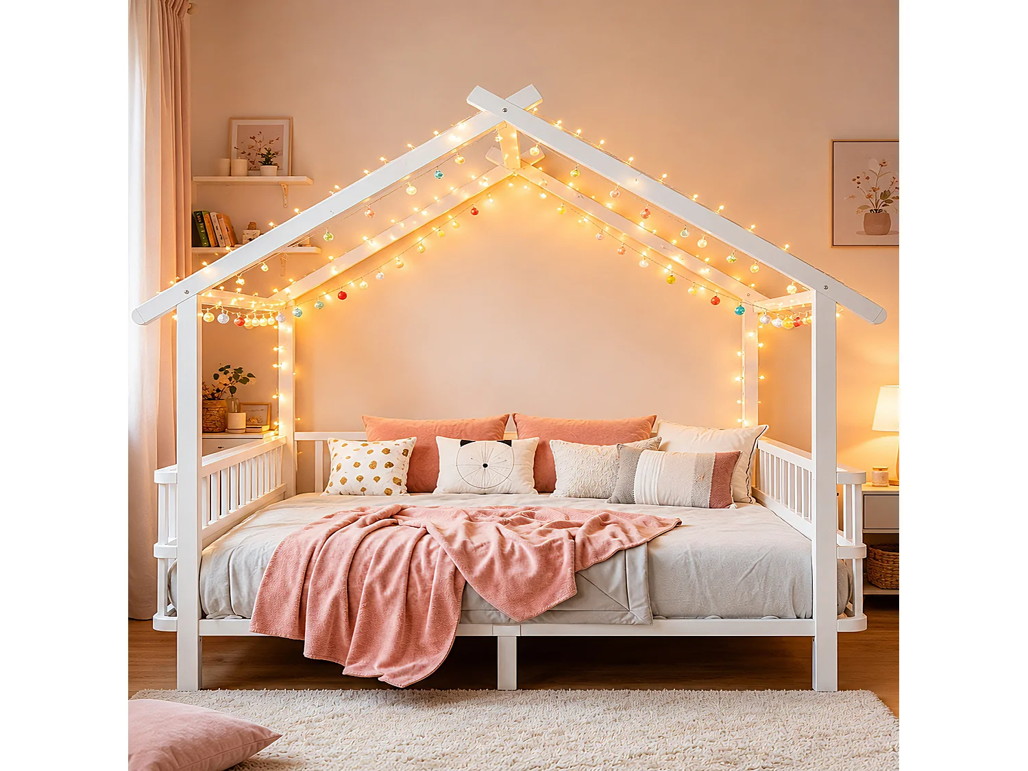 Lit cabane enfant 140 x 200 cm avec barrières de sécurité – Structure métal personnalisable – Blanc (Sans matelas)