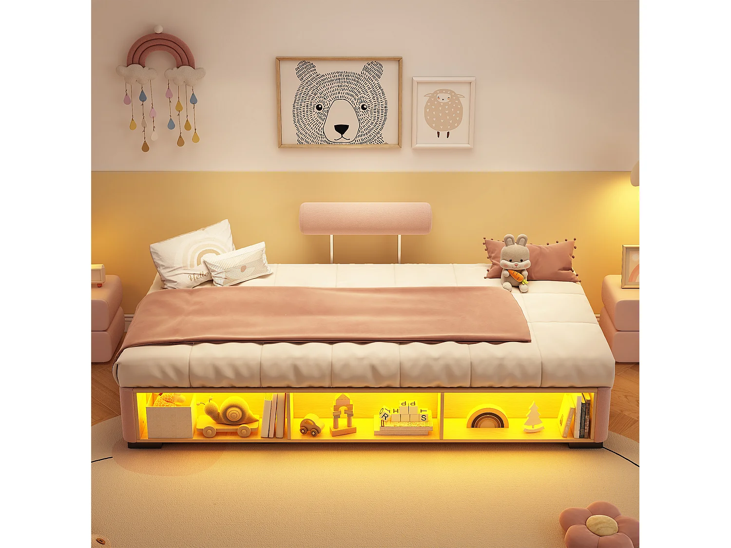 Lit capitonné 90 x 200 cm avec étagère latérale LED et rangements ouverts – Velours – Rose (Sans matelas)