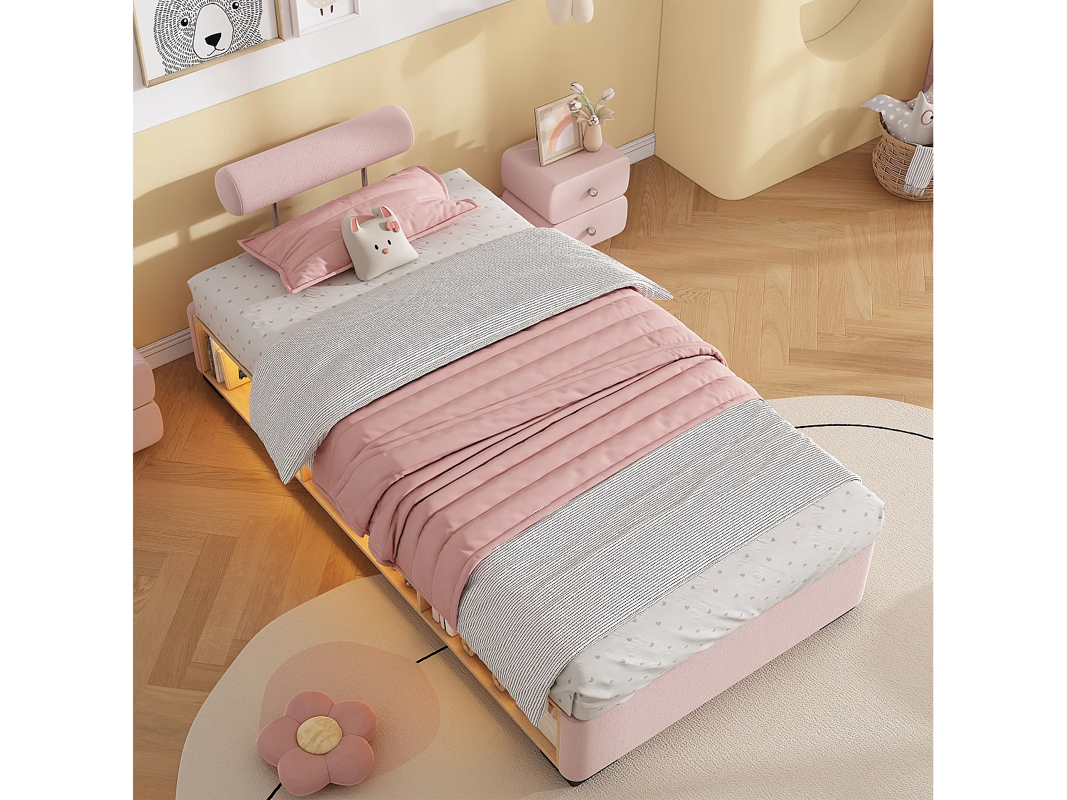 Lit capitonné 90 x 200 cm avec étagère latérale LED et rangements ouverts – Velours – Rose (Sans matelas)