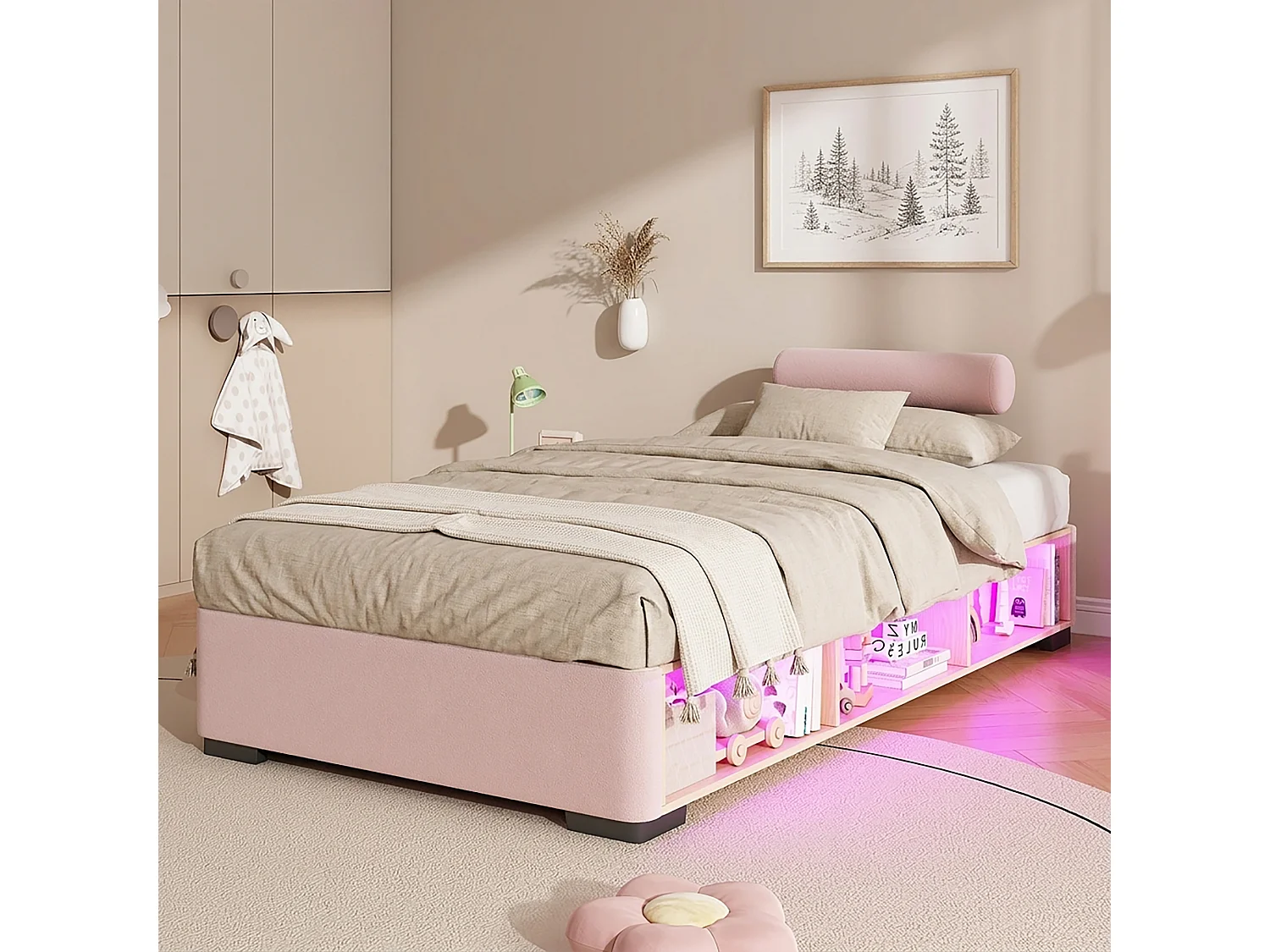 Lit capitonné 90 x 200 cm avec étagère latérale LED et rangements ouverts – Velours – Rose (Sans matelas)