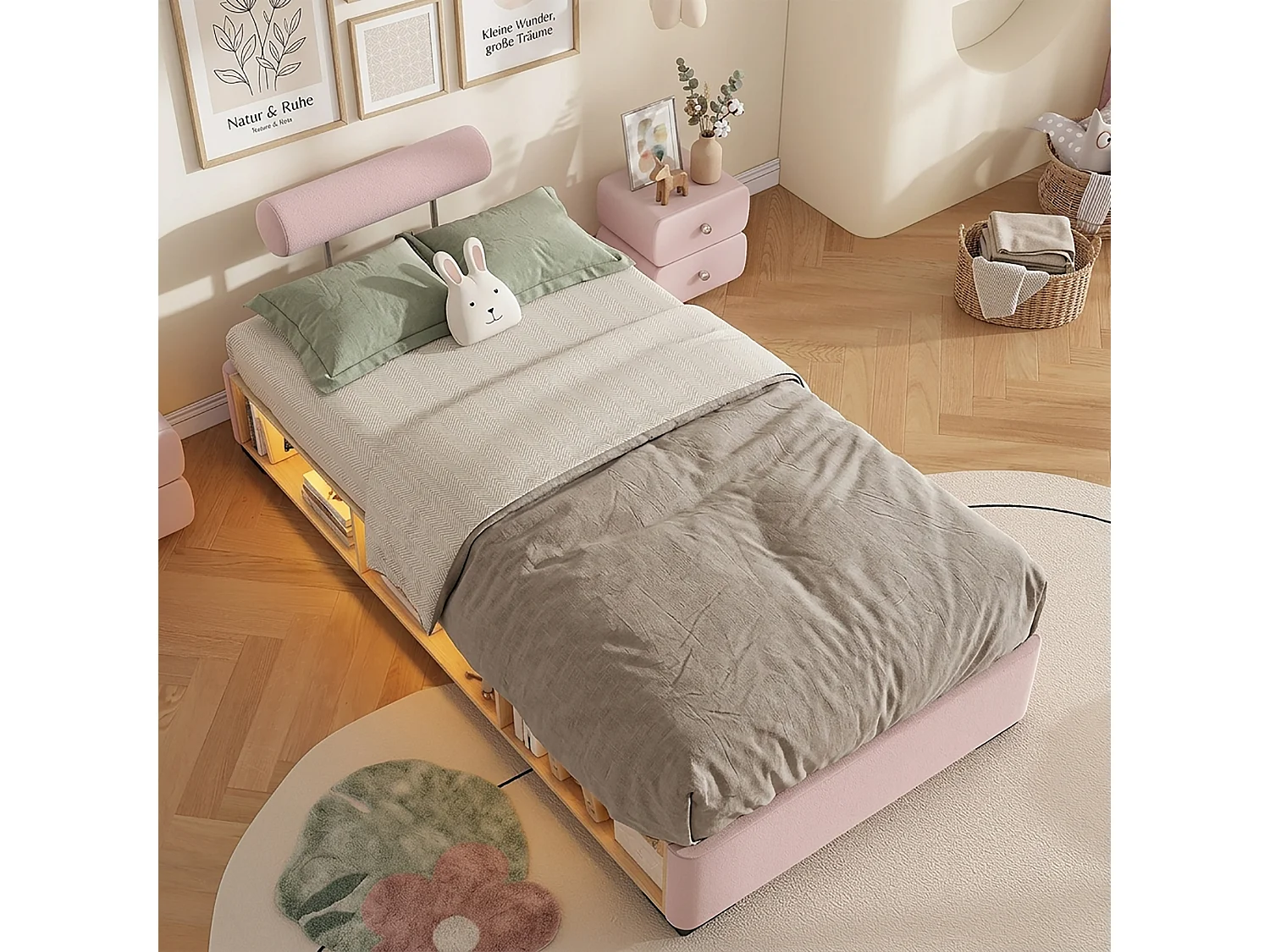 Lit capitonné 90 x 200 cm avec étagère latérale LED et rangements ouverts – Velours – Rose (Sans matelas)
