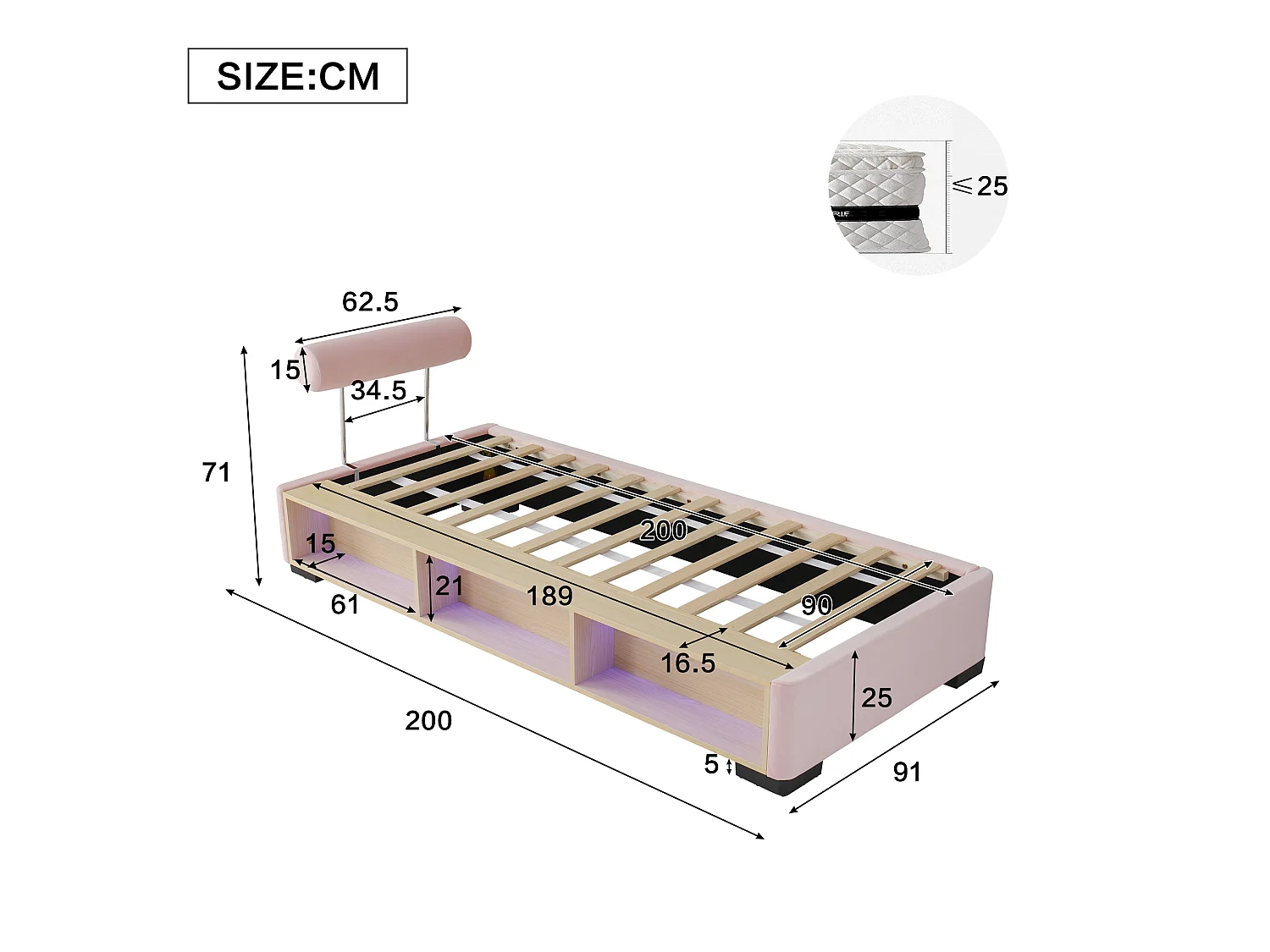 Lit capitonné 90 x 200 cm avec étagère latérale LED et rangements ouverts – Velours – Rose (Sans matelas)