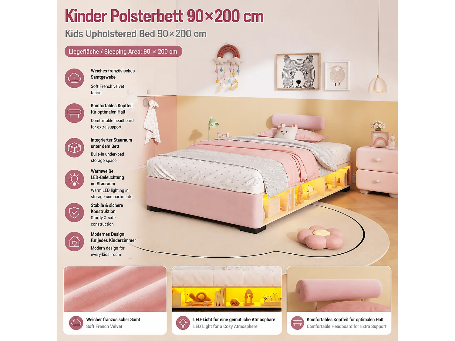 Lit capitonné 90 x 200 cm avec étagère latérale LED et rangements ouverts – Velours – Rose (Sans matelas)