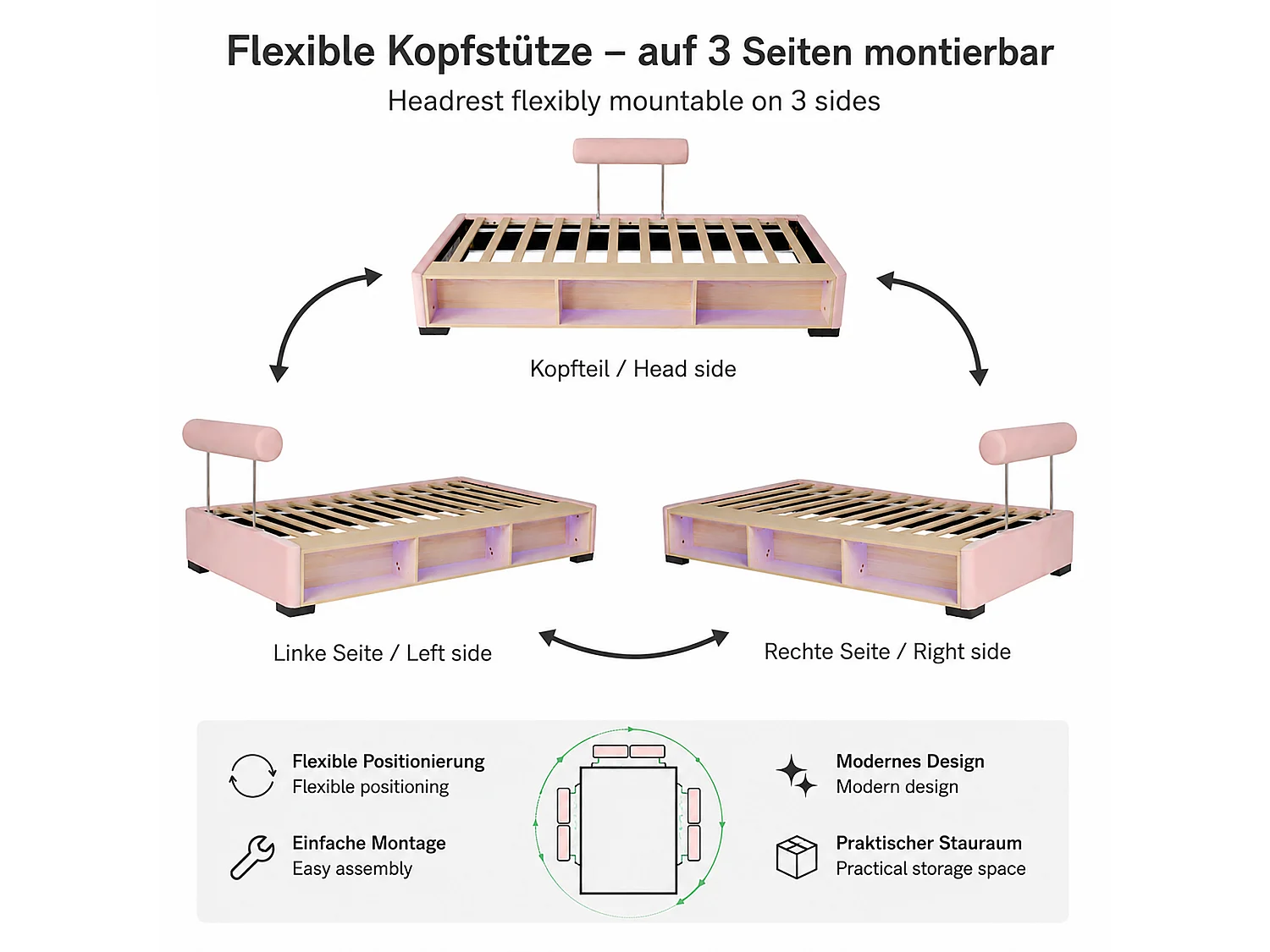 Lit capitonné 90 x 200 cm avec étagère latérale LED et rangements ouverts – Velours – Rose (Sans matelas)