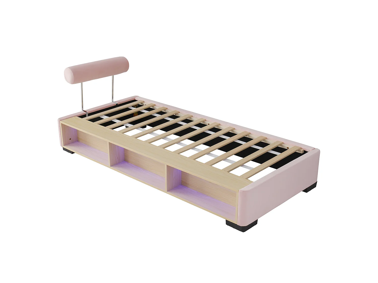 Lit capitonné 90 x 200 cm avec étagère latérale LED et rangements ouverts – Velours – Rose (Sans matelas)