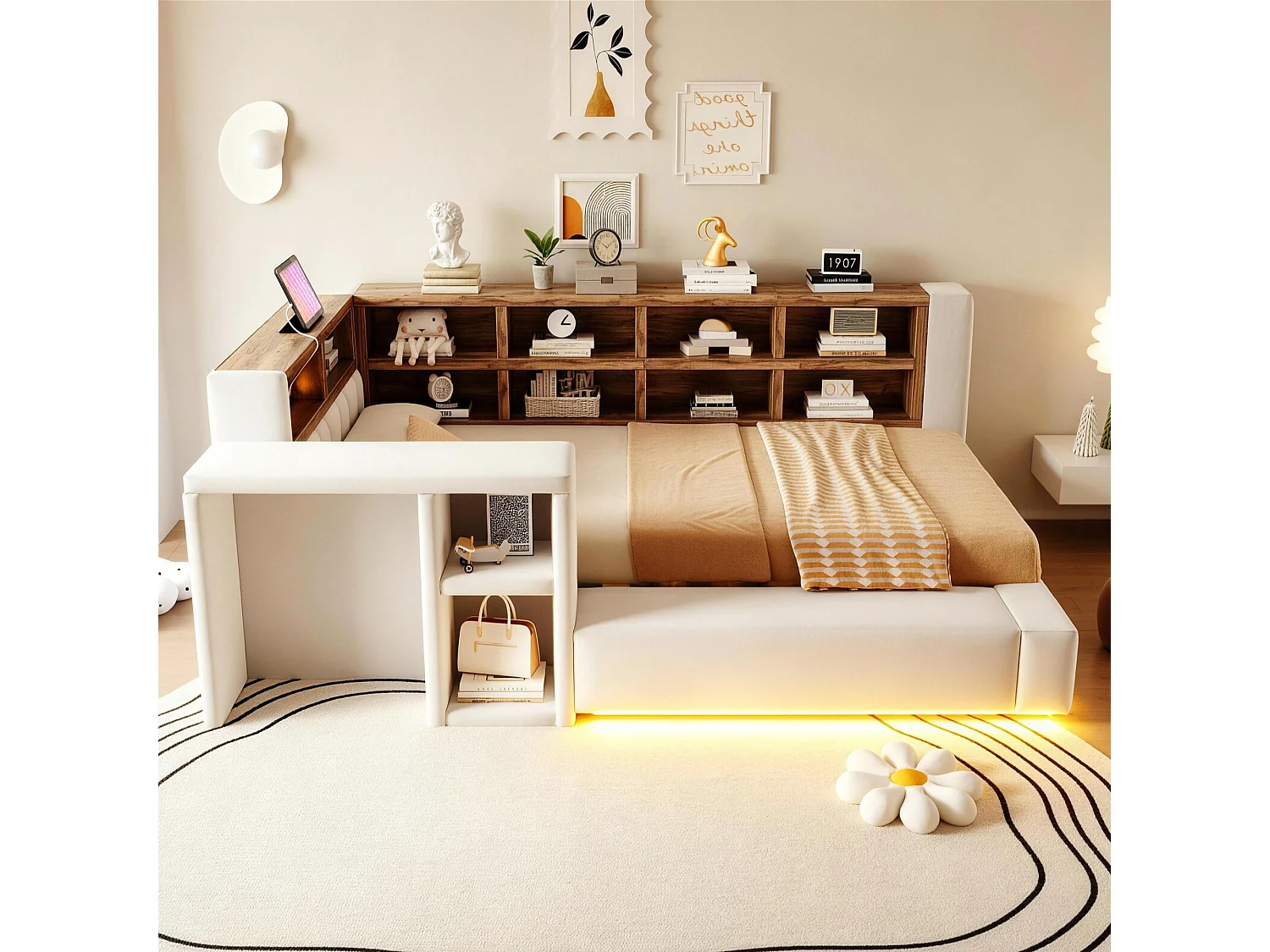 Upholstered bed 90 x 200 cm with headboard storage, compartments, LEDs and sockets - Velvet + MDF - Beige (Mattress not included)