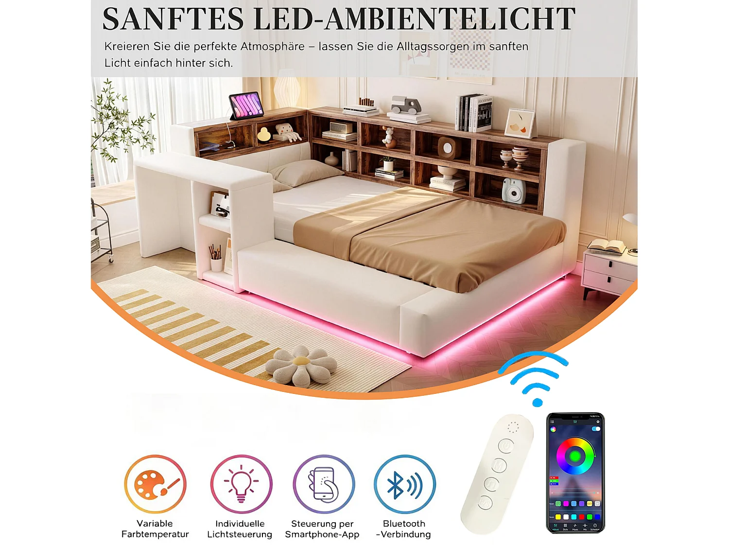 Upholstered bed 90 x 200 cm with headboard storage, compartments, LEDs and sockets - Velvet + MDF - Beige (Mattress not included)