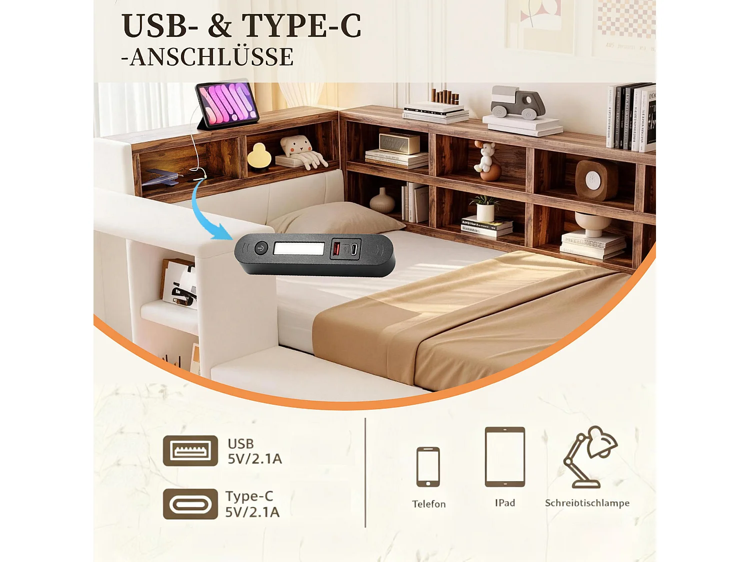 Upholstered bed 90 x 200 cm with headboard storage, compartments, LEDs and sockets - Velvet + MDF - Beige (Mattress not included)