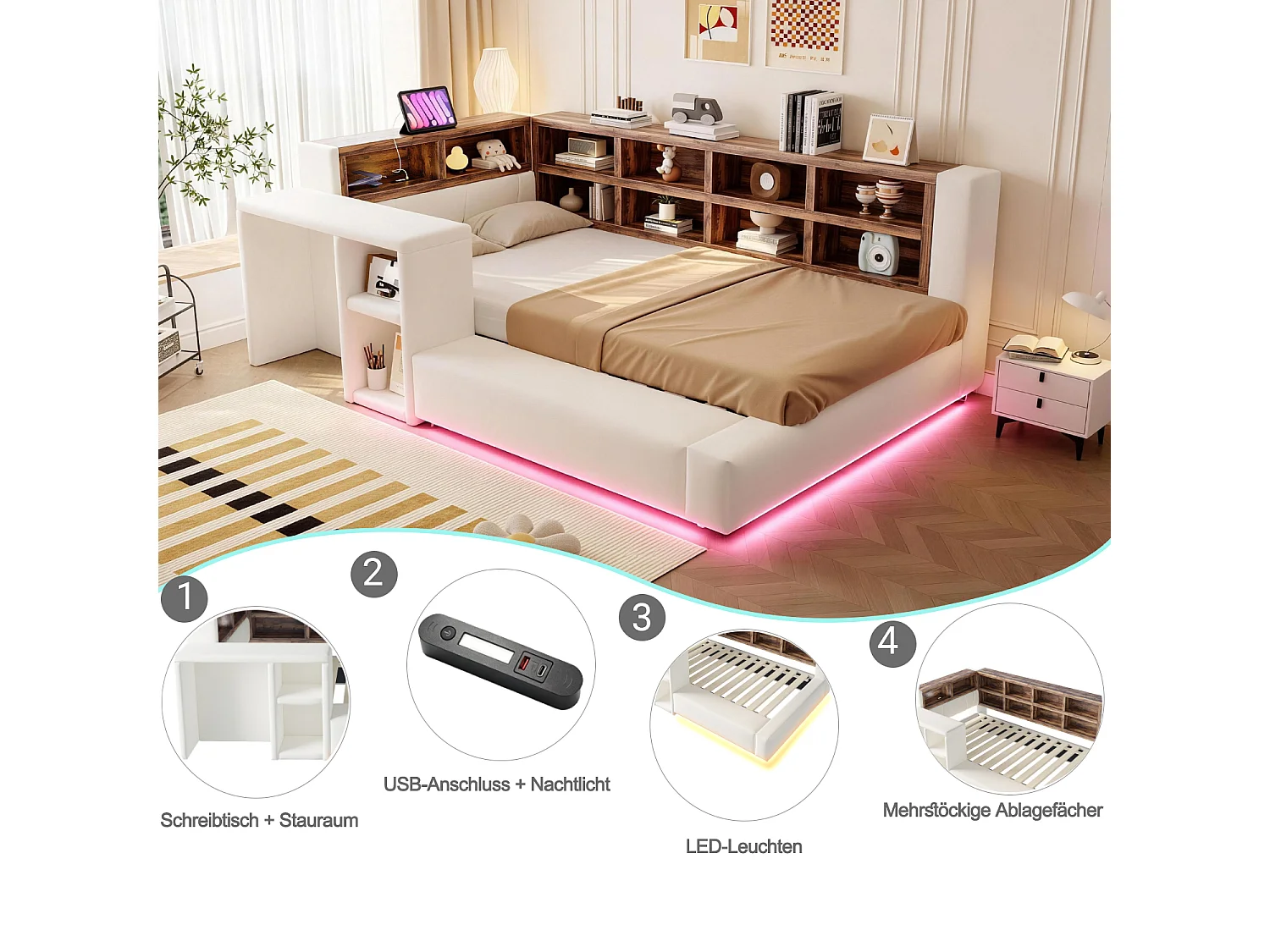 Upholstered bed 90 x 200 cm with headboard storage, compartments, LEDs and sockets - Velvet + MDF - Beige (Mattress not included)