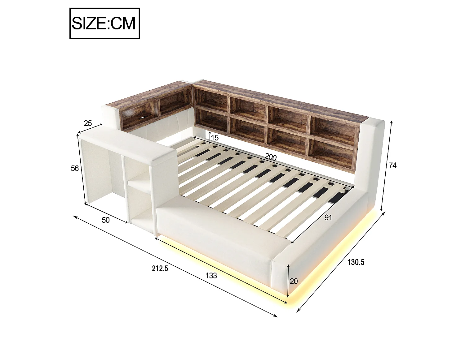 Upholstered bed 90 x 200 cm with headboard storage, compartments, LEDs and sockets - Velvet + MDF - Beige (Mattress not included)