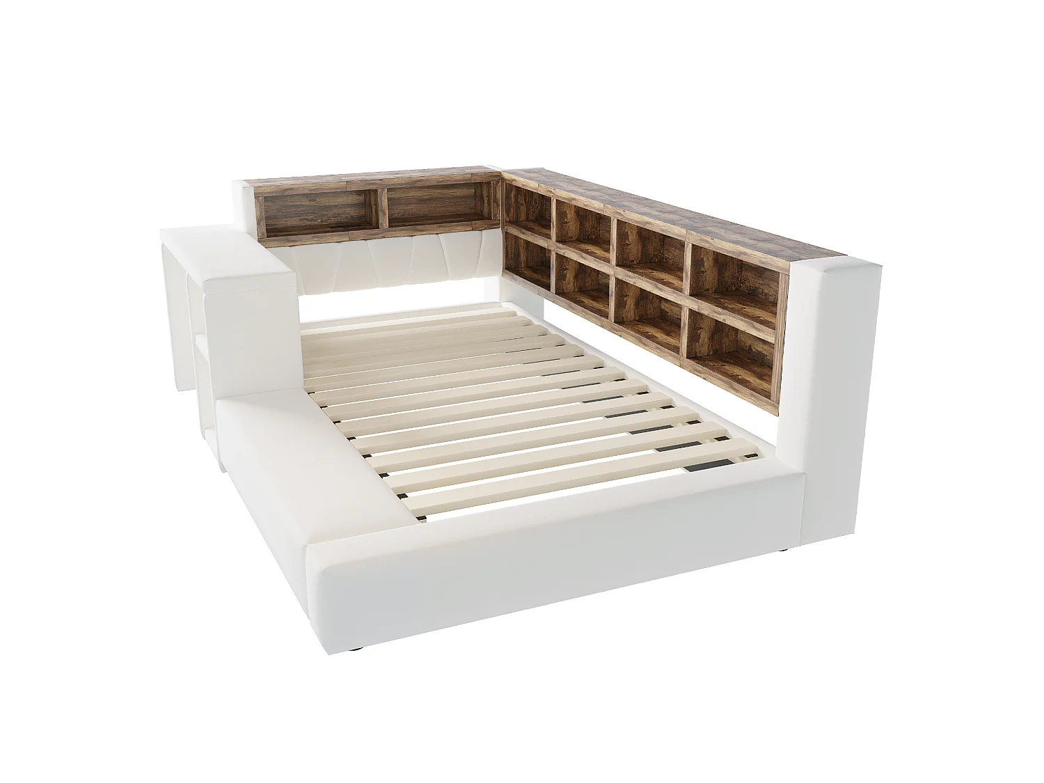 Upholstered bed 90 x 200 cm with headboard storage, compartments, LEDs and sockets - Velvet + MDF - Beige (Mattress not included)