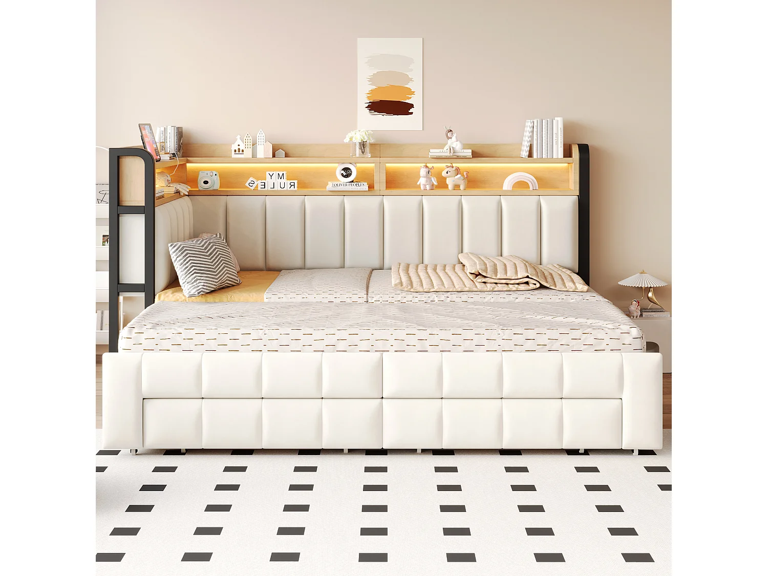 Trundle bed 90 x 200 cm extendable to 180 x 200 cm with 2 drawers, LED lighting, USB and Type-C ports - Velvet + metal + MDF - Beige