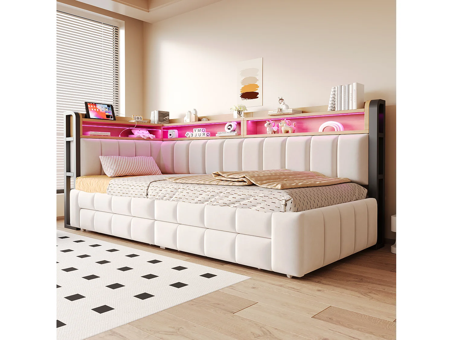 Trundle bed 90 x 200 cm extendable to 180 x 200 cm with 2 drawers, LED lighting, USB and Type-C ports - Velvet + metal + MDF - Beige