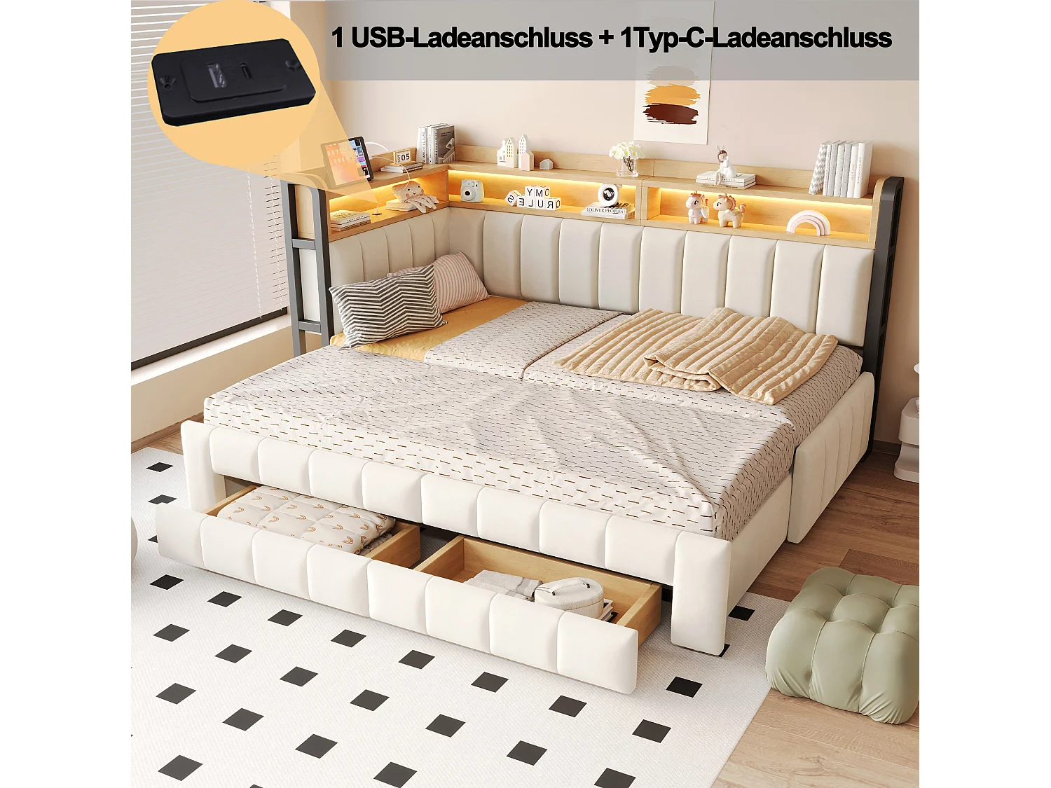 Trundle bed 90 x 200 cm extendable to 180 x 200 cm with 2 drawers, LED lighting, USB and Type-C ports - Velvet + metal + MDF - Beige