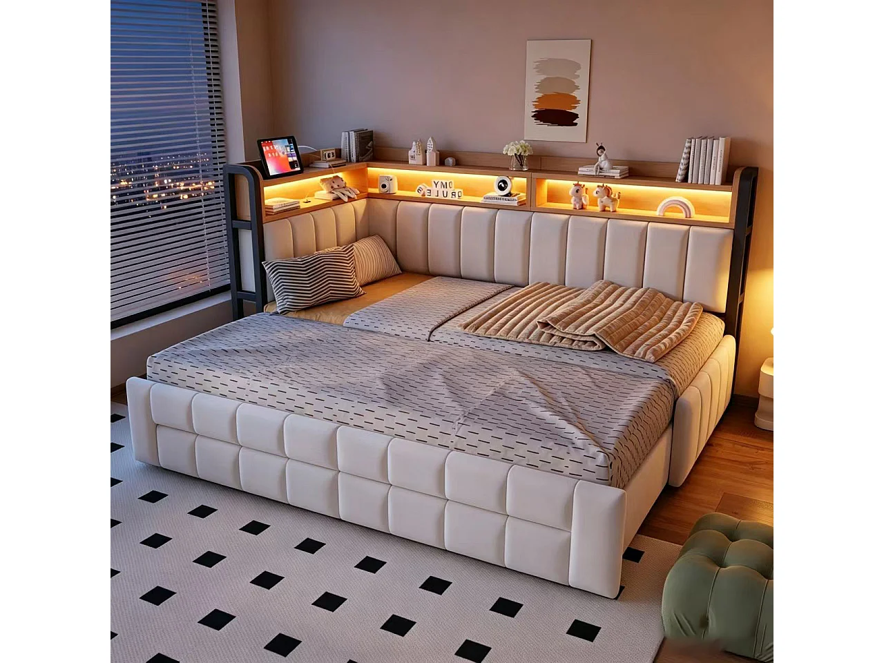 Trundle bed 90 x 200 cm extendable to 180 x 200 cm with 2 drawers, LED lighting, USB and Type-C ports - Velvet + metal + MDF - Beige