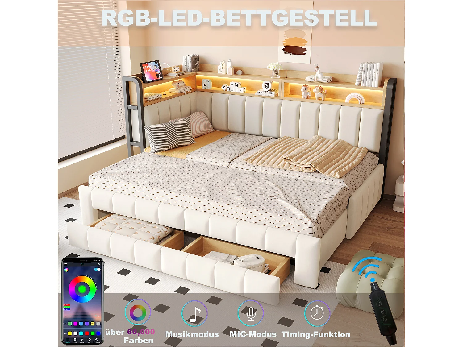 Trundle bed 90 x 200 cm extendable to 180 x 200 cm with 2 drawers, LED lighting, USB and Type-C ports - Velvet + metal + MDF - Beige