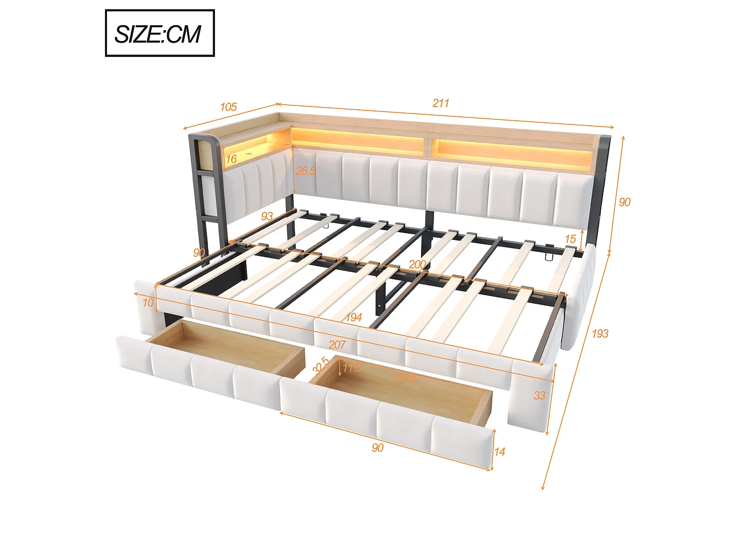 Trundle bed 90 x 200 cm extendable to 180 x 200 cm with 2 drawers, LED lighting, USB and Type-C ports - Velvet + metal + MDF - Beige