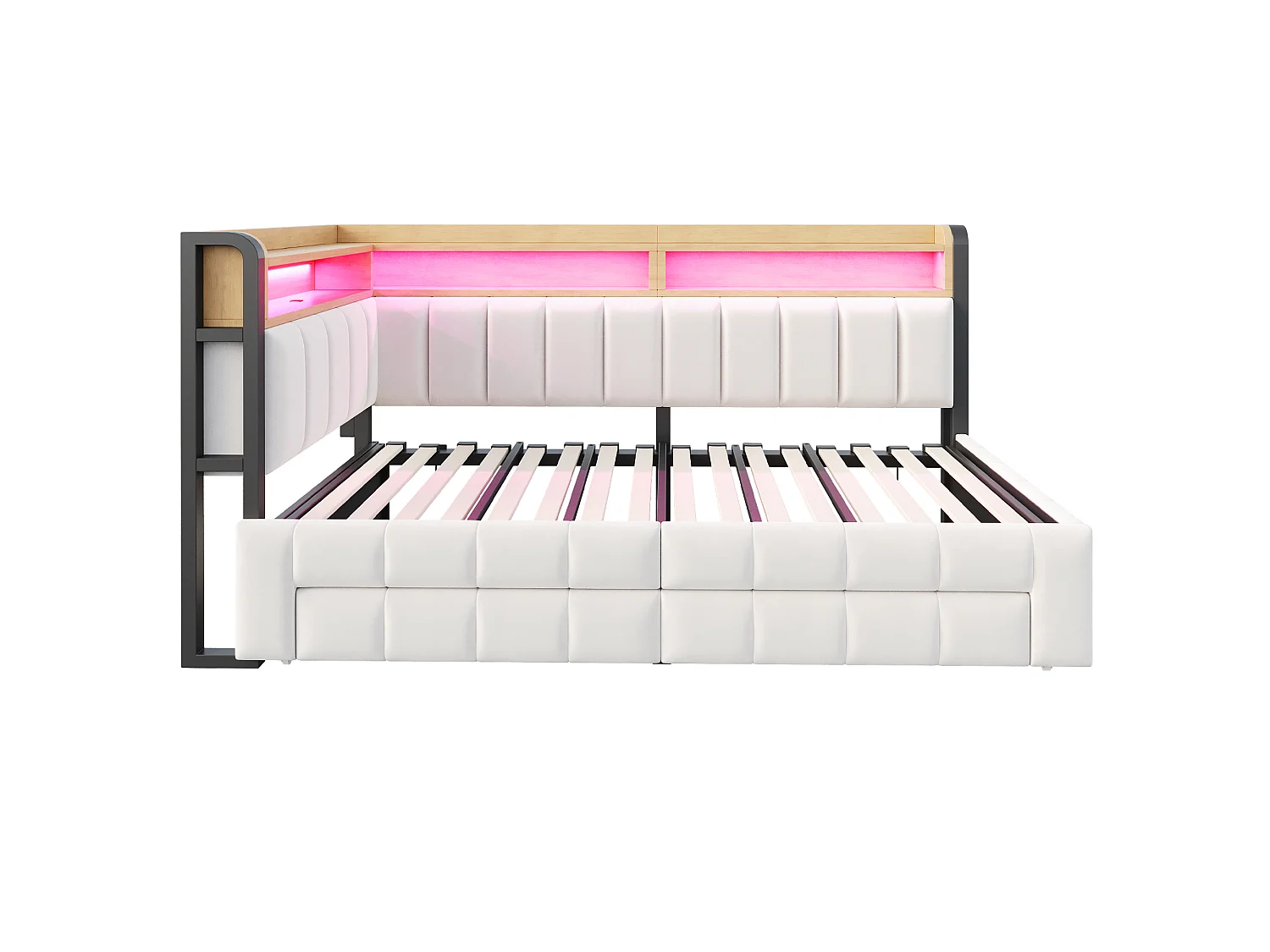 Trundle bed 90 x 200 cm extendable to 180 x 200 cm with 2 drawers, LED lighting, USB and Type-C ports - Velvet + metal + MDF - Beige