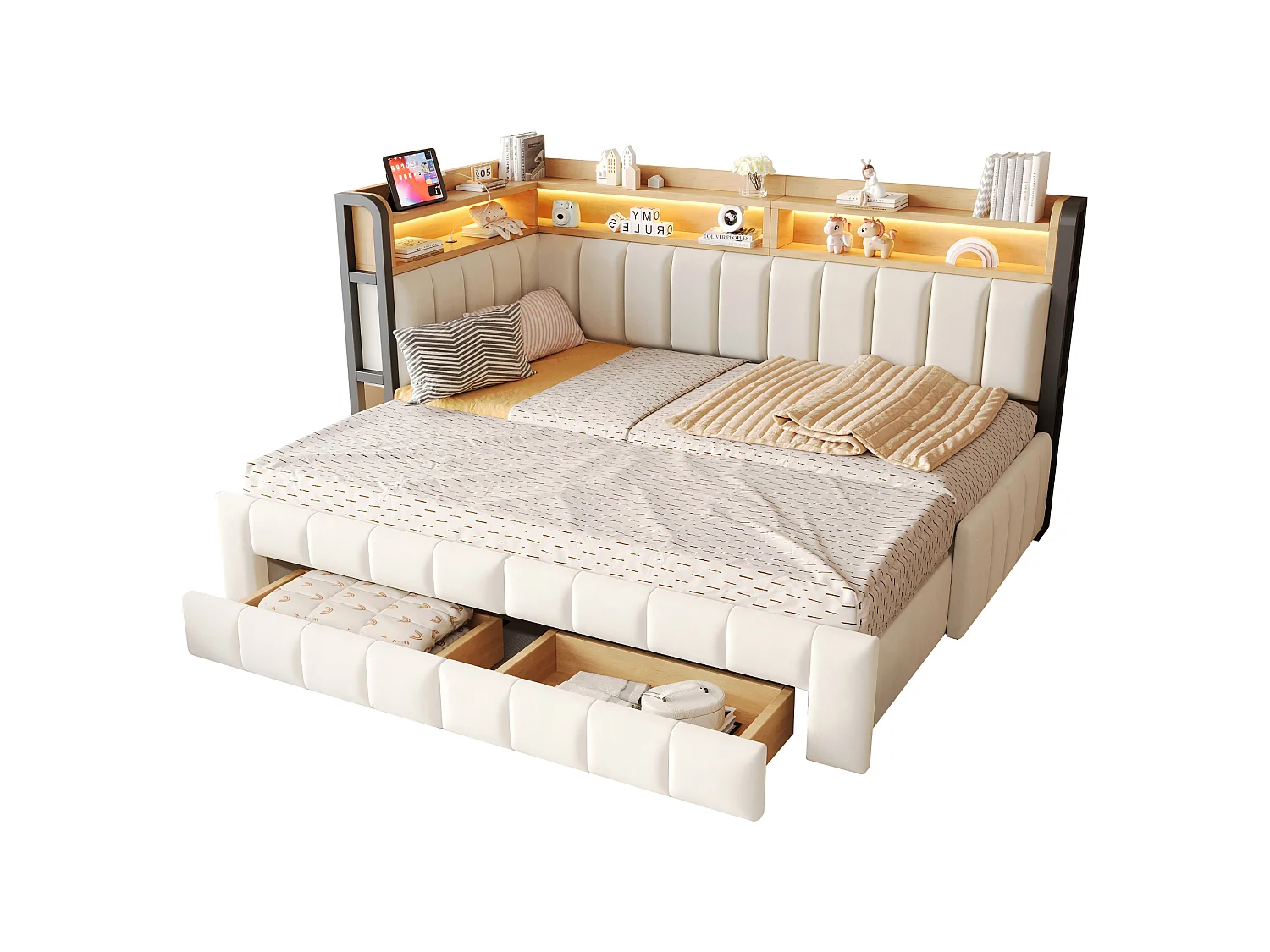 Trundle bed 90 x 200 cm extendable to 180 x 200 cm with 2 drawers, LED lighting, USB and Type-C ports - Velvet + metal + MDF - Beige
