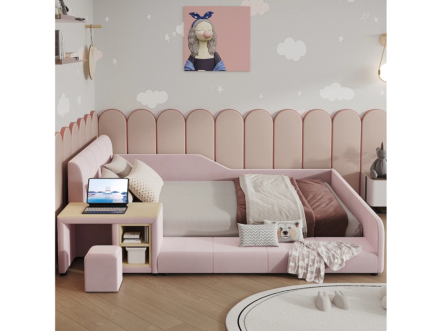 Lit enfant 140 x 200 cm avec bureau, tabouret et étagère de rangement – Velours – Rose (Sans matelas)