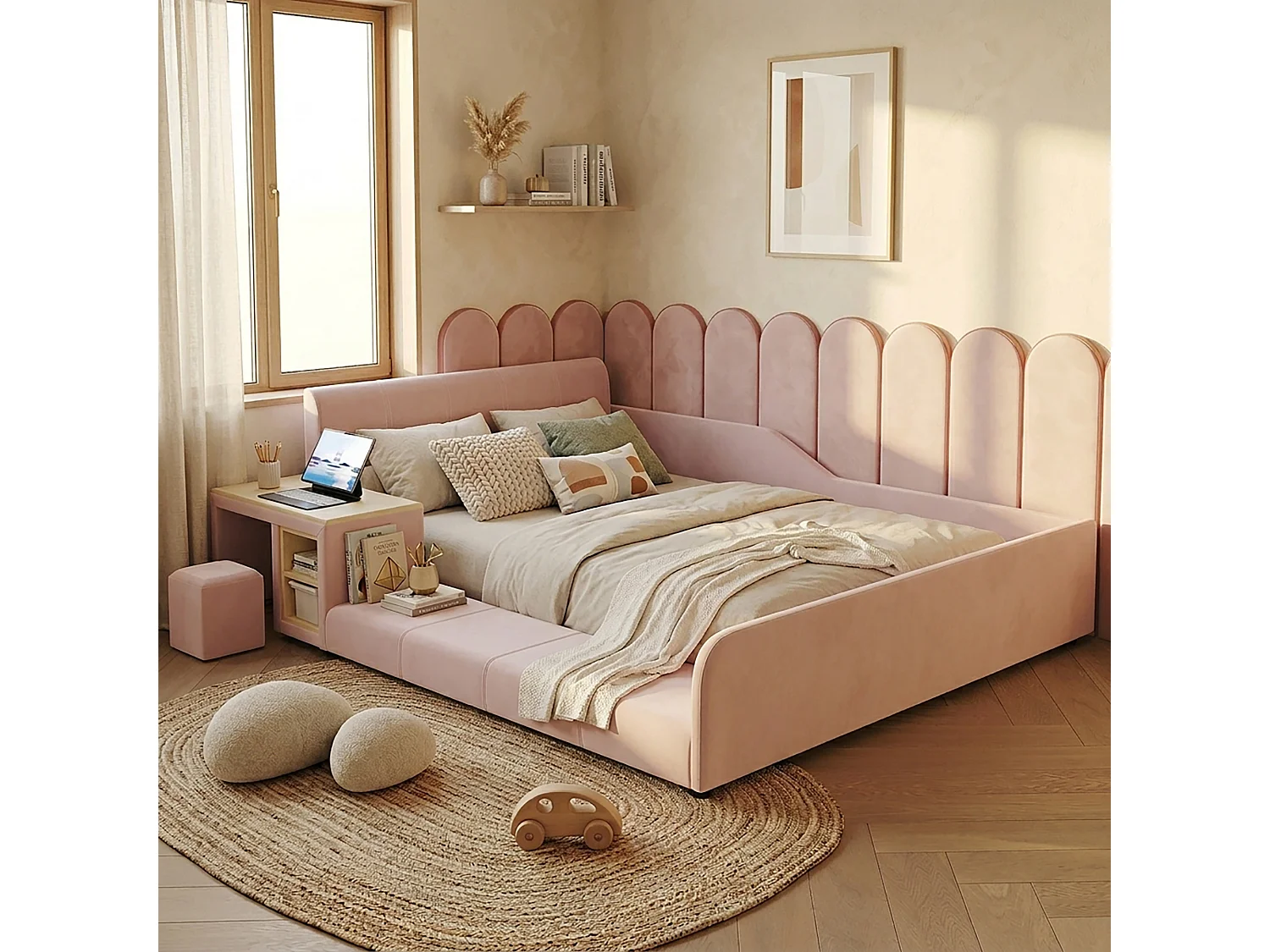 Lit enfant 140 x 200 cm avec bureau, tabouret et étagère de rangement – Velours – Rose (Sans matelas)