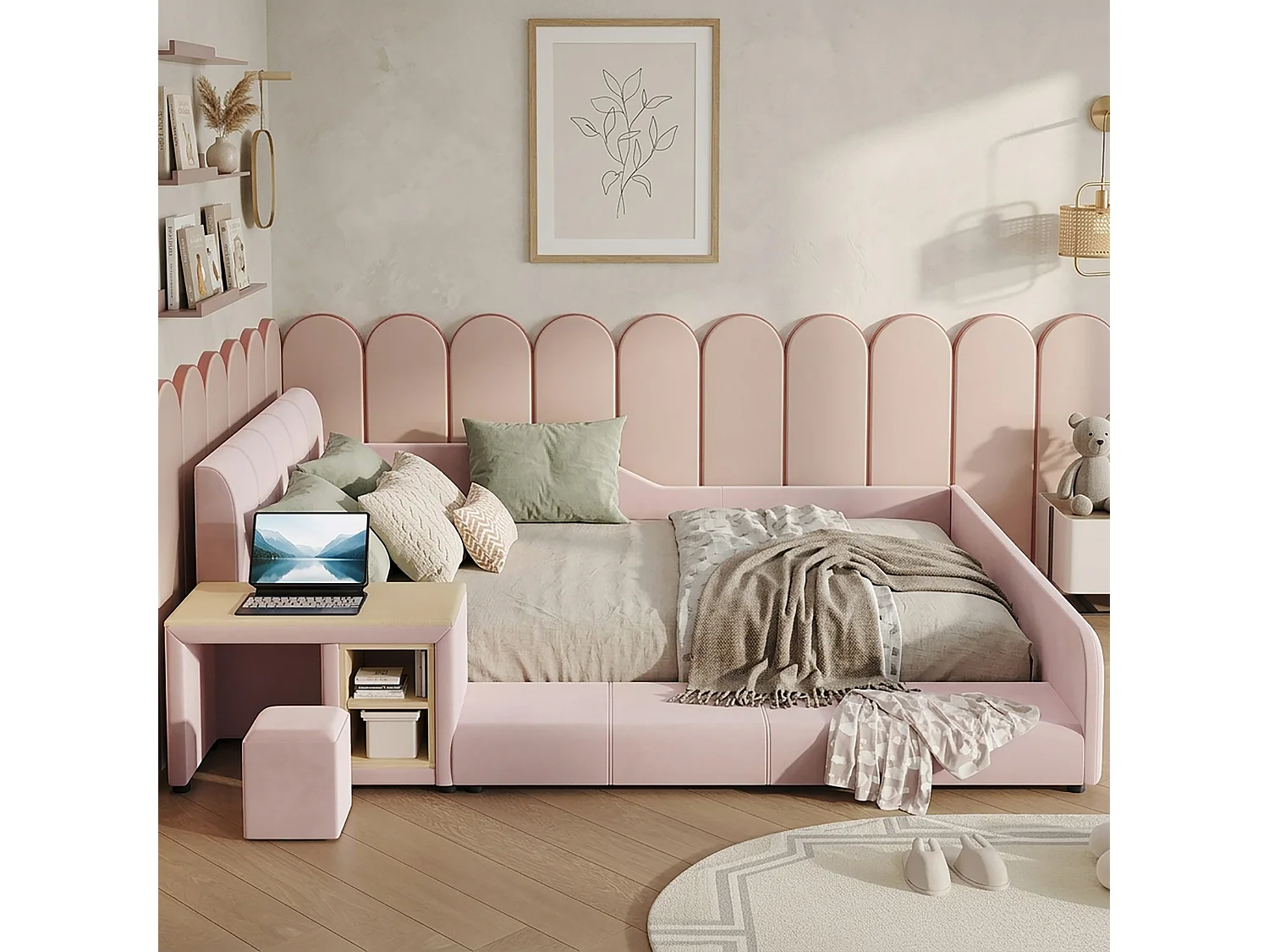 Lit enfant 140 x 200 cm avec bureau, tabouret et étagère de rangement – Velours – Rose (Sans matelas)