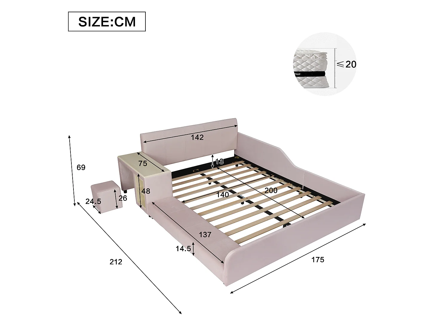 Lit enfant 140 x 200 cm avec bureau, tabouret et étagère de rangement – Velours – Rose (Sans matelas)