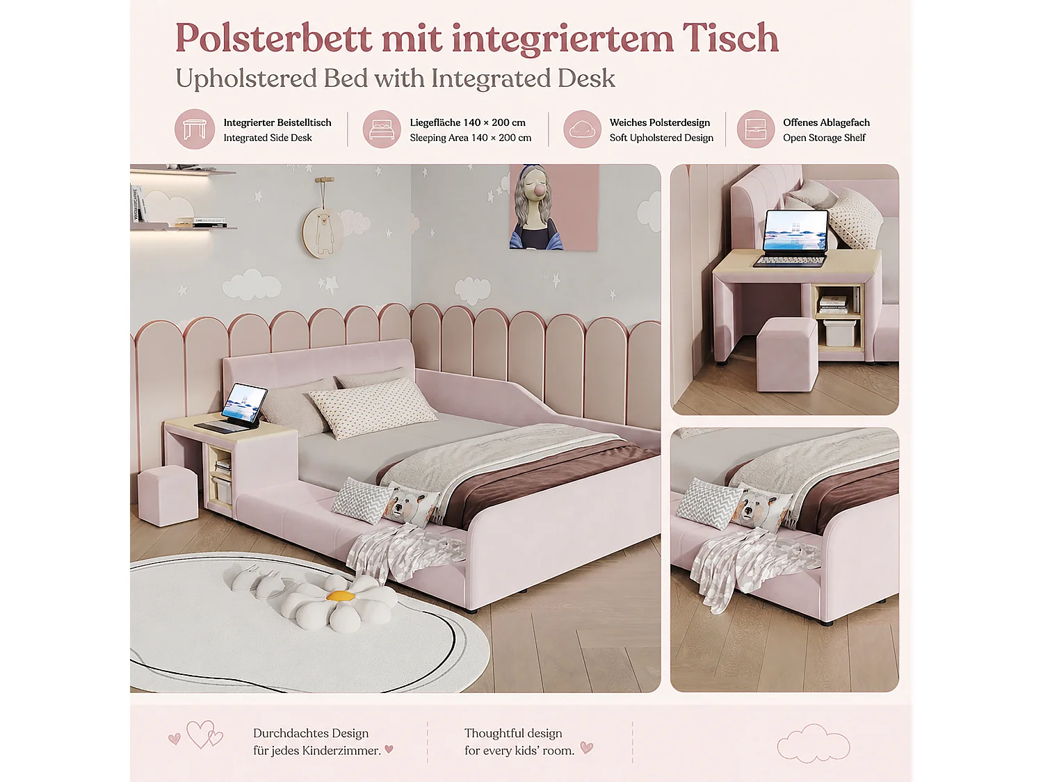 Lit enfant 140 x 200 cm avec bureau, tabouret et étagère de rangement – Velours – Rose (Sans matelas)