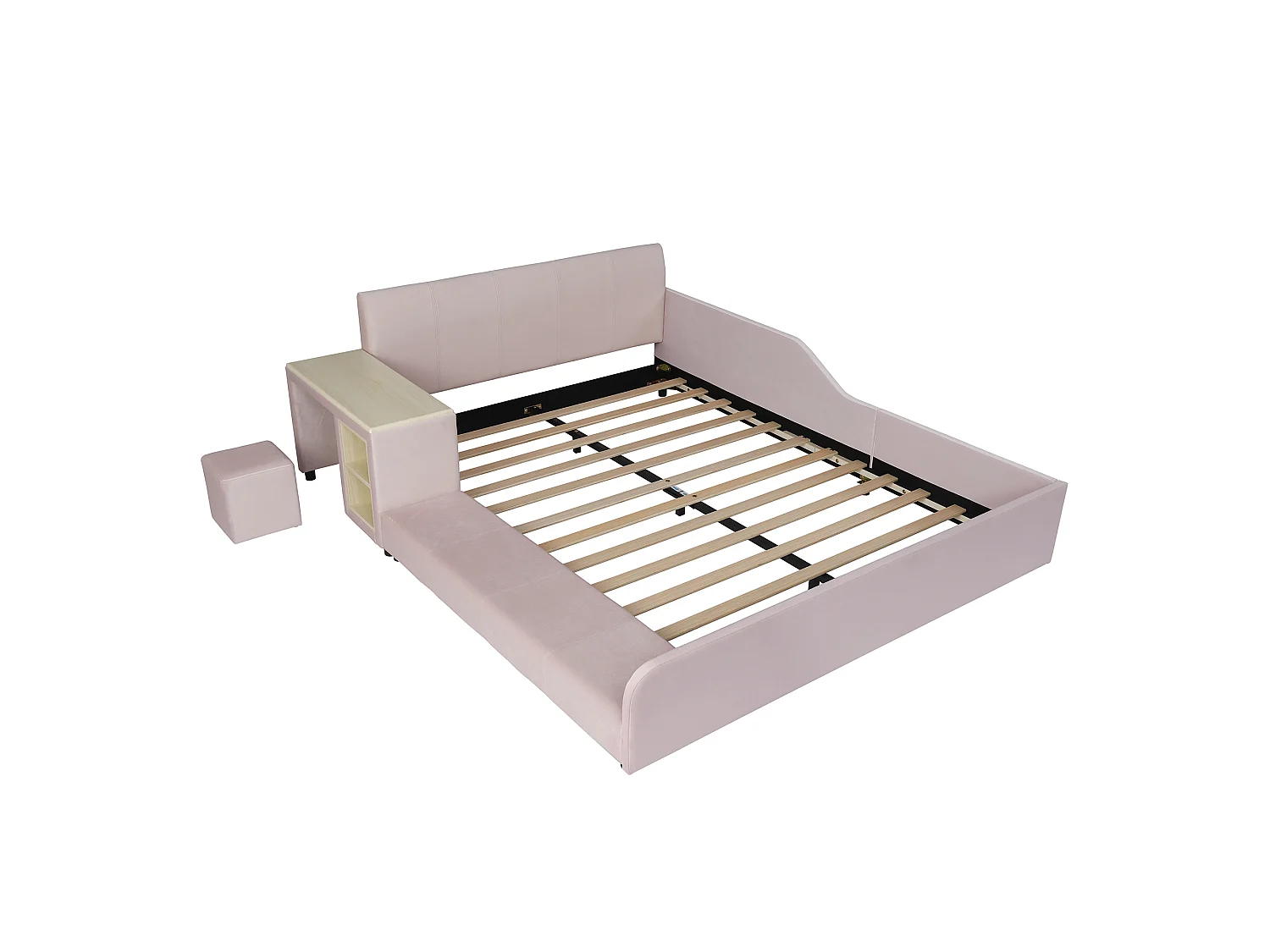 Lit enfant 140 x 200 cm avec bureau, tabouret et étagère de rangement – Velours – Rose (Sans matelas)