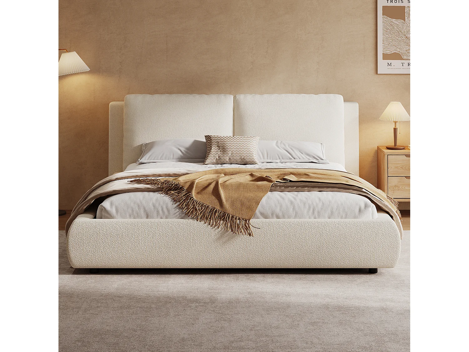 Cama tapizada de 180 x 200 cm en tejido bouclé con espacio de almacenamiento bajo la cama y cabecero regulable - Beige (Colchón no incluido)