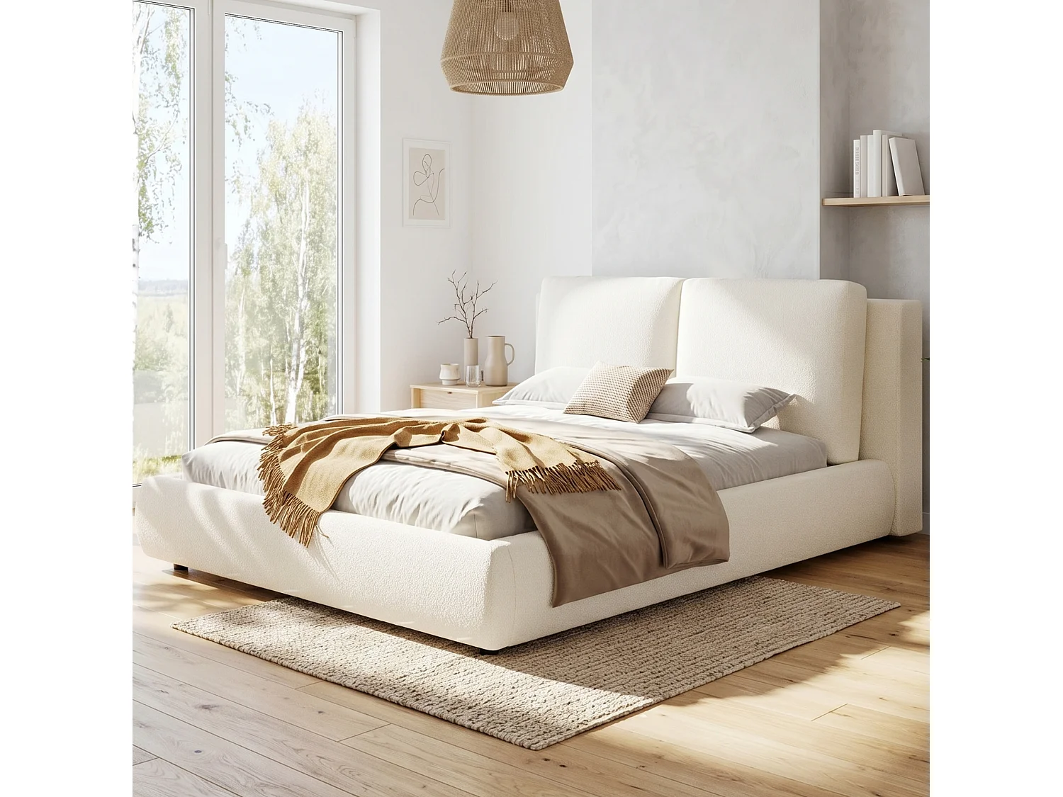 Cama tapizada de 180 x 200 cm en tejido bouclé con espacio de almacenamiento bajo la cama y cabecero regulable - Beige (Colchón no incluido)