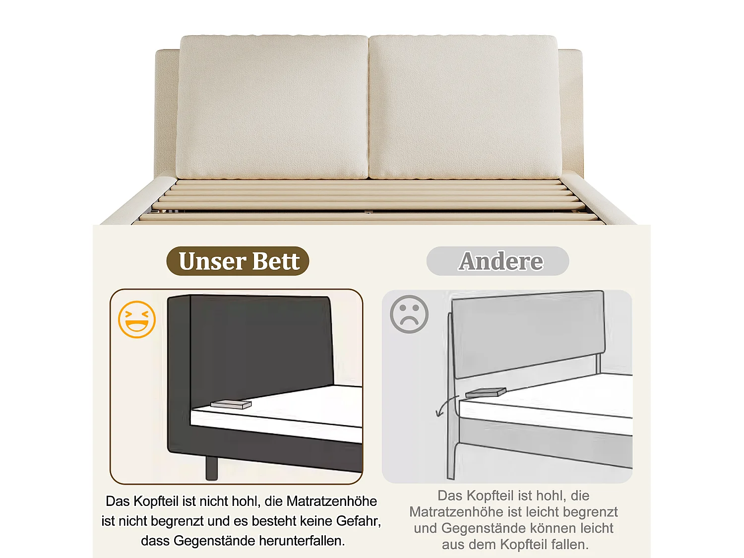 Cama tapizada de 180 x 200 cm en tejido bouclé con espacio de almacenamiento bajo la cama y cabecero regulable - Beige (Colchón no incluido)