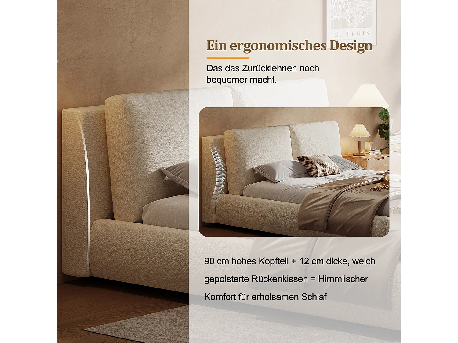 Cama tapizada de 180 x 200 cm en tejido bouclé con espacio de almacenamiento bajo la cama y cabecero regulable - Beige (Colchón no incluido)