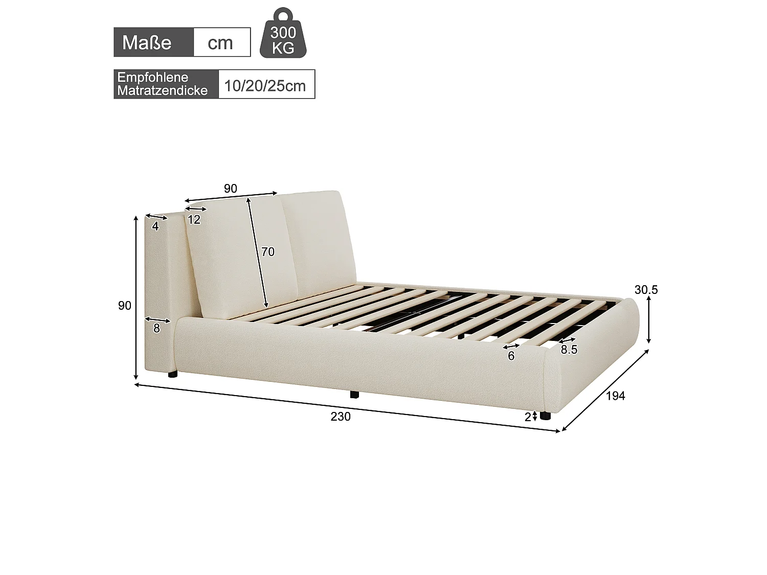 Cama tapizada de 180 x 200 cm en tejido bouclé con espacio de almacenamiento bajo la cama y cabecero regulable - Beige (Colchón no incluido)