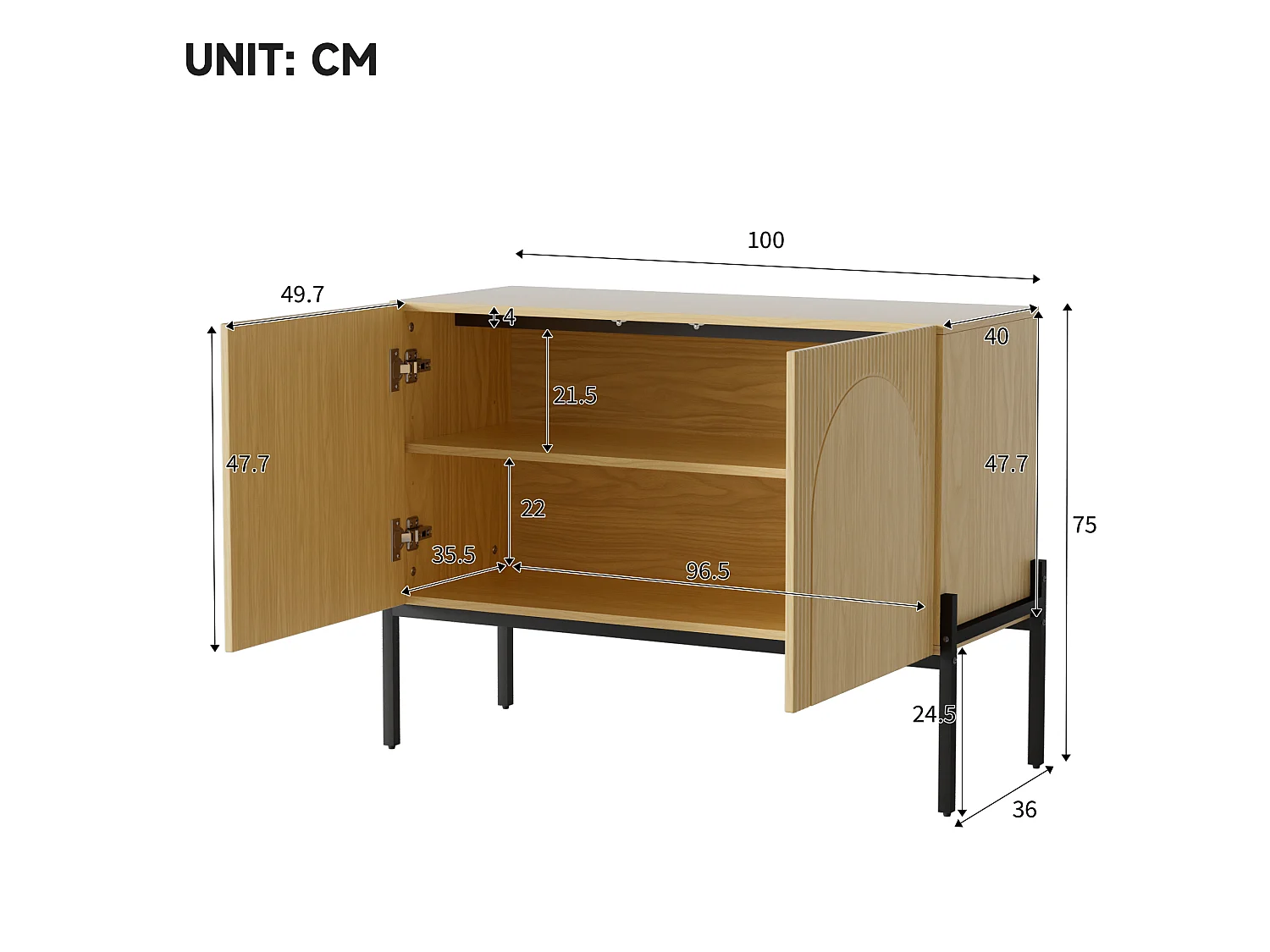 2-door sideboard with metal legs and grooved design - Particleboard - 100 × 40 × 75 cm - Natural wood