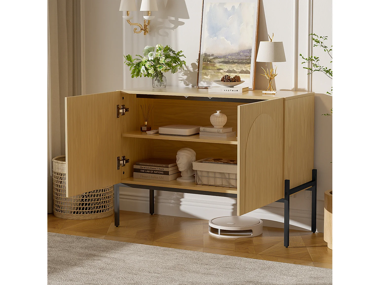 2-door sideboard with metal legs and grooved design - Particleboard - 100 × 40 × 75 cm - Natural wood