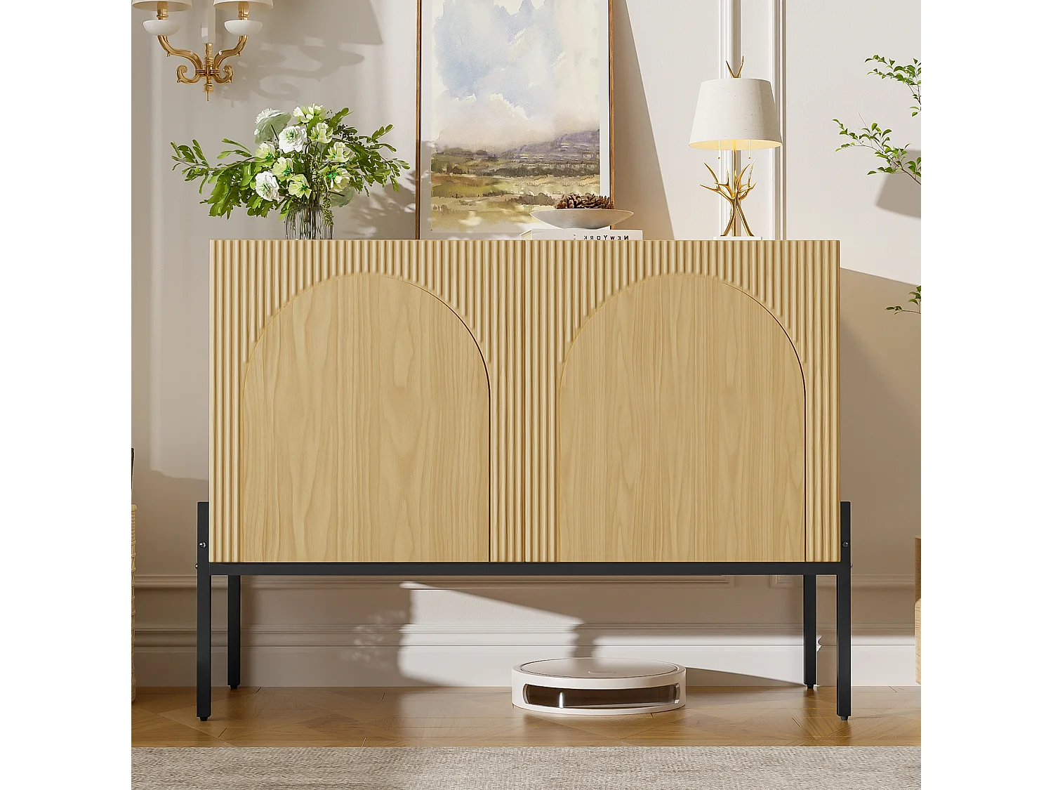 2-door sideboard with metal legs and grooved design - Particleboard - 100 × 40 × 75 cm - Natural wood