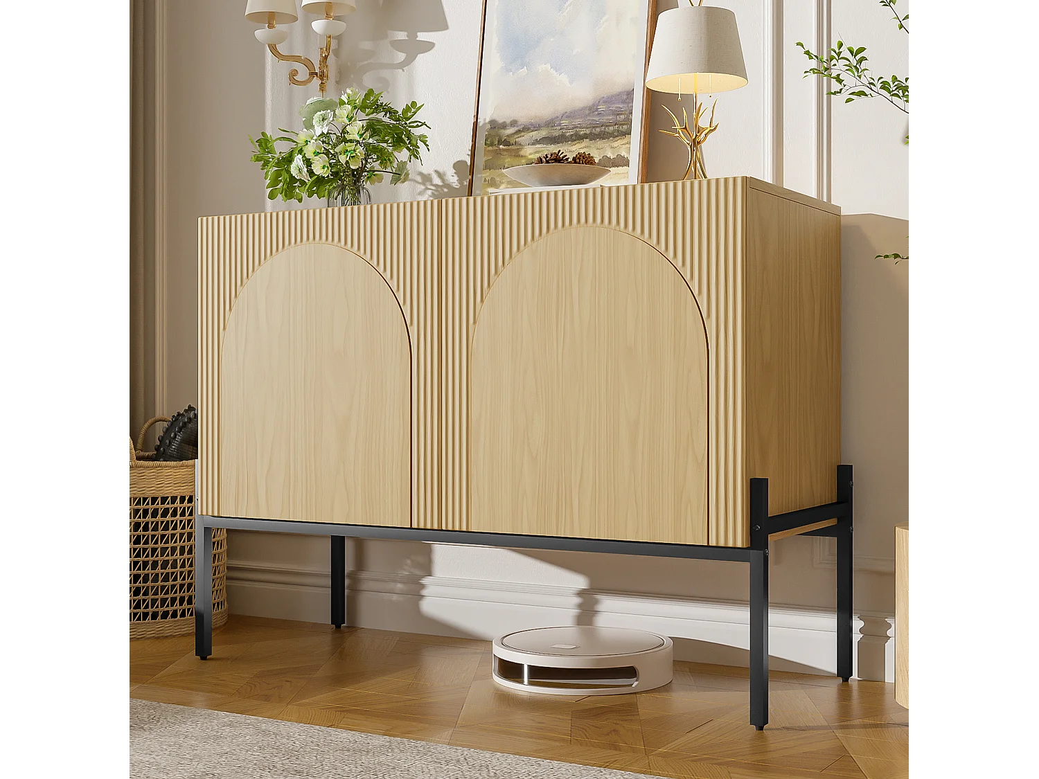2-door sideboard with metal legs and grooved design - Particleboard - 100 × 40 × 75 cm - Natural wood