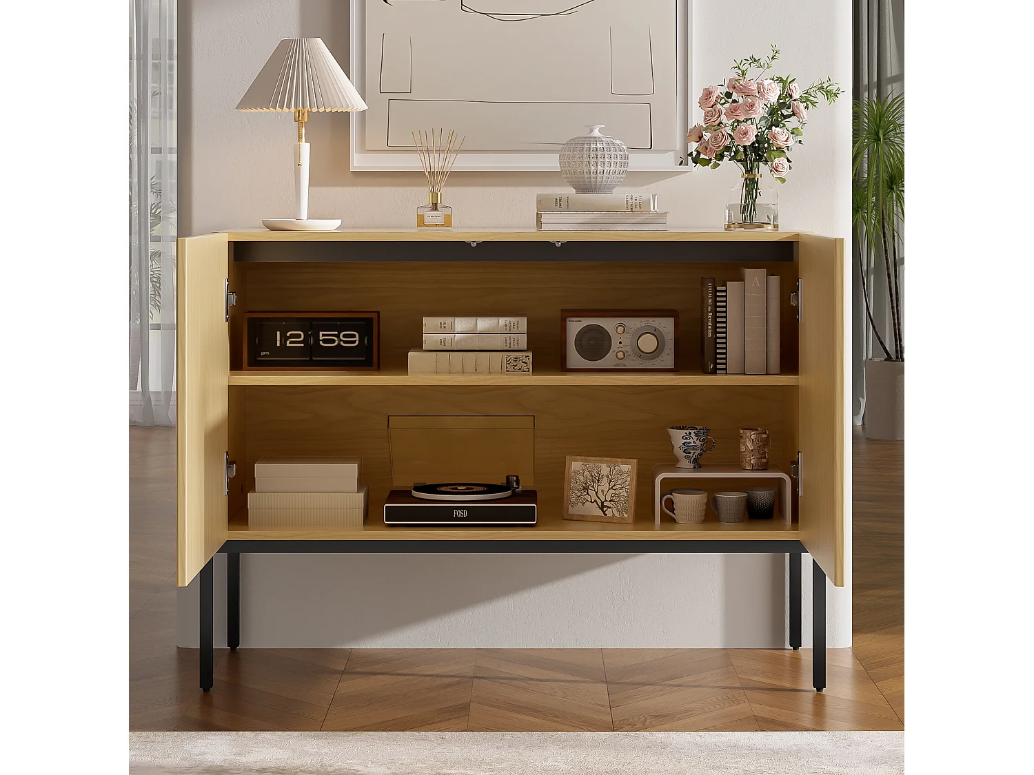 2-door sideboard with metal legs and grooved design - Particleboard - 100 × 40 × 75 cm - Natural wood