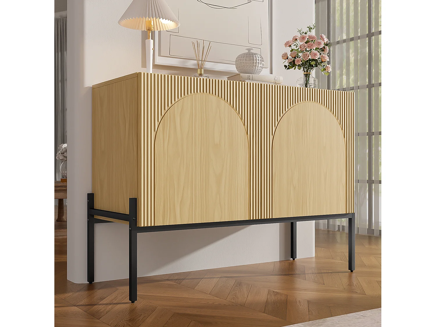 2-door sideboard with metal legs and grooved design - Particleboard - 100 × 40 × 75 cm - Natural wood