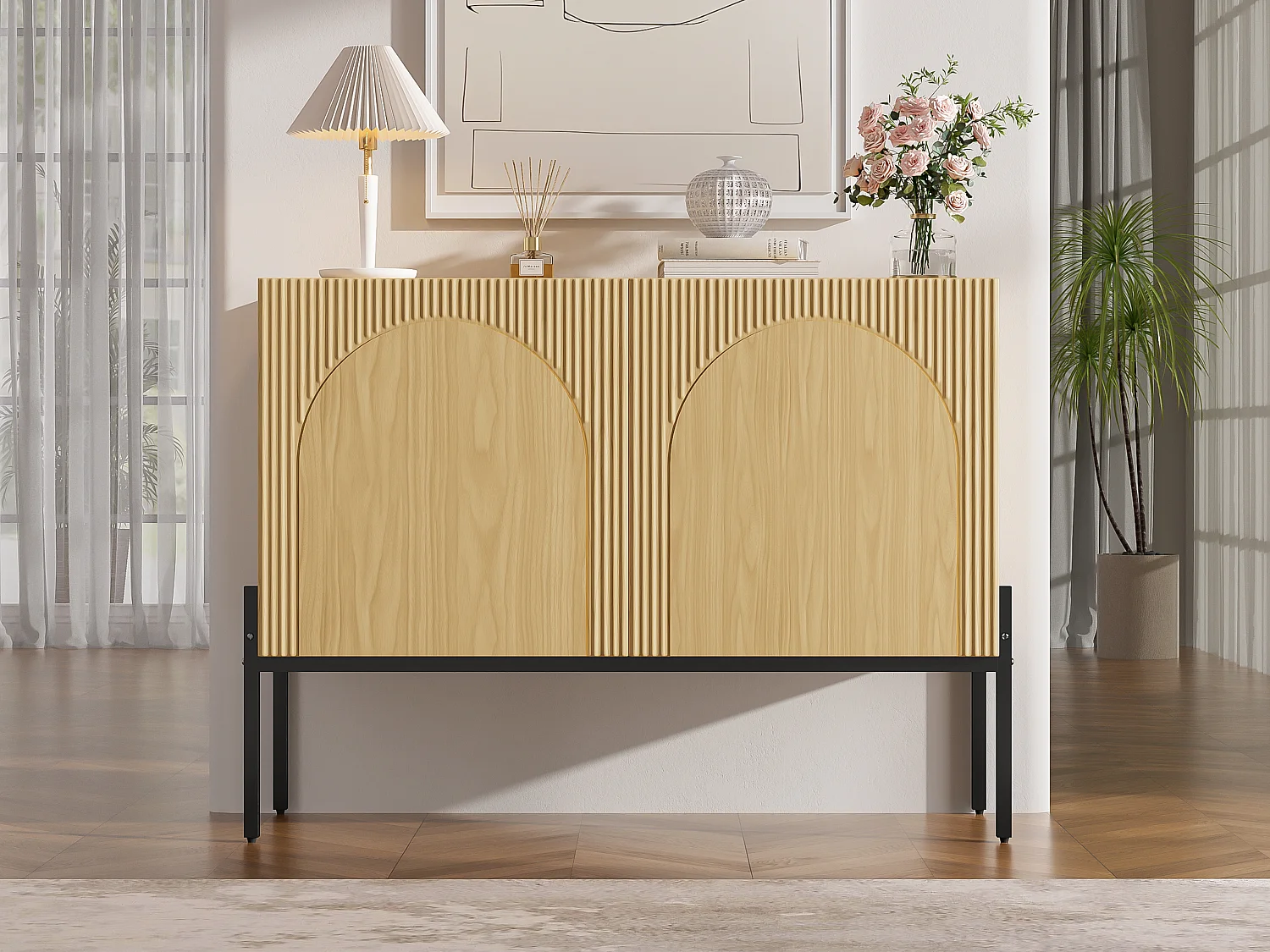 2-door sideboard with metal legs and grooved design - Particleboard - 100 × 40 × 75 cm - Natural wood