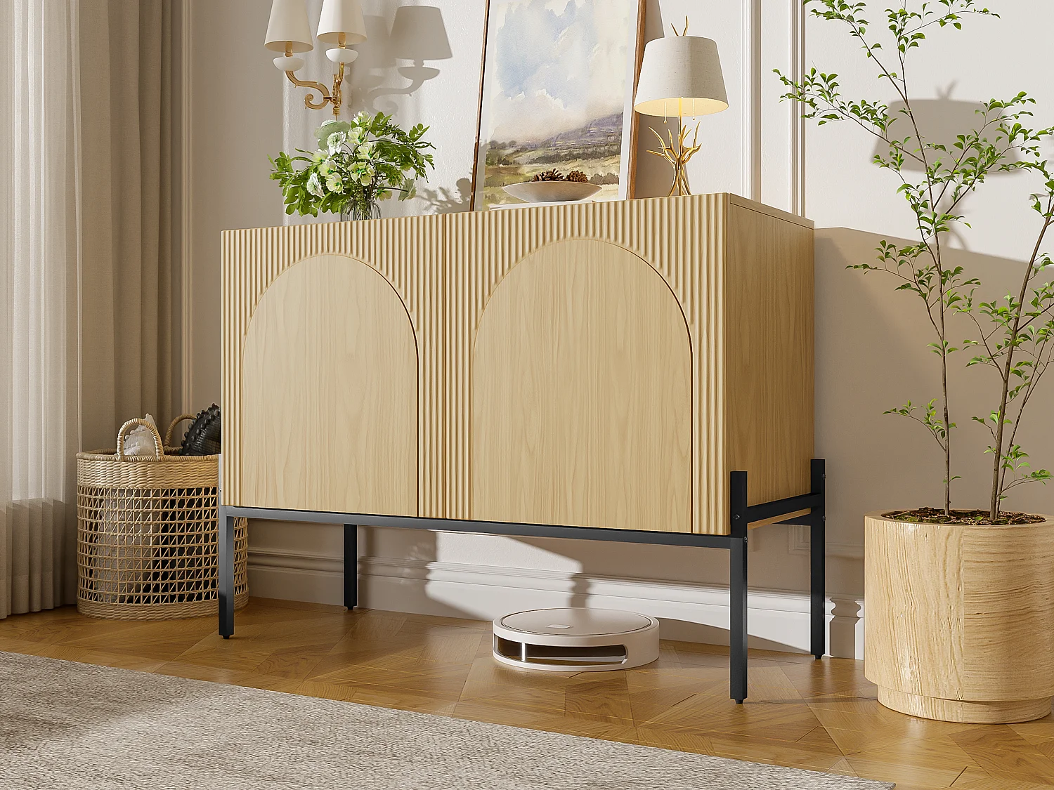 2-door sideboard with metal legs and grooved design - Particleboard - 100 × 40 × 75 cm - Natural wood