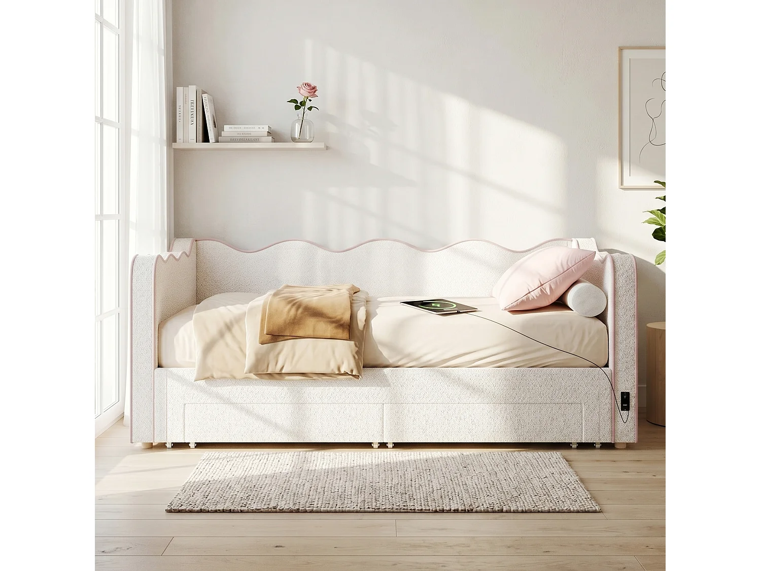 Trundle bed 90/180 x 200 cm with 2 drawers, USB/Type-C - Bouclé - 217 x 184.5 x 75 cm - Beige (Mattress not included)