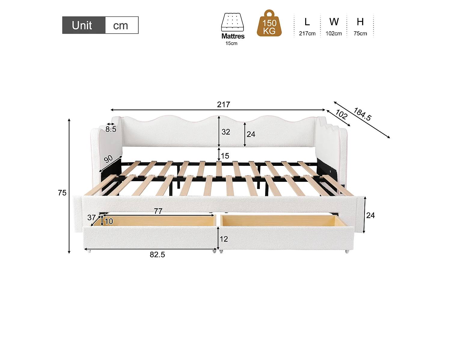 Trundle bed 90/180 x 200 cm with 2 drawers, USB/Type-C - Bouclé - 217 x 184.5 x 75 cm - Beige (Mattress not included)