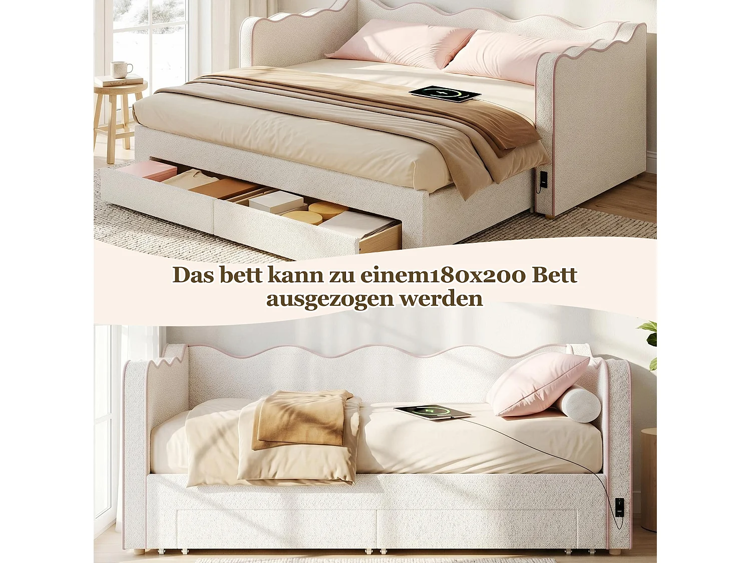 Trundle bed 90/180 x 200 cm with 2 drawers, USB/Type-C - Bouclé - 217 x 184.5 x 75 cm - Beige (Mattress not included)