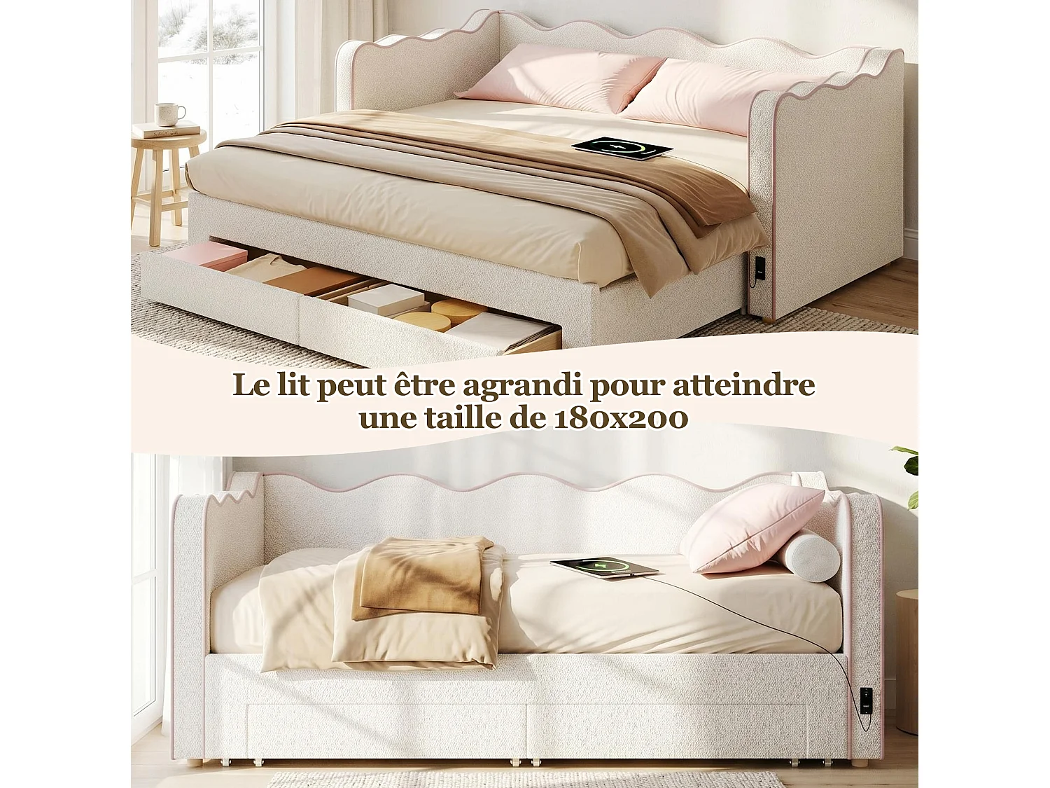 Trundle bed 90/180 x 200 cm with 2 drawers, USB/Type-C - Bouclé - 217 x 184.5 x 75 cm - Beige (Mattress not included)