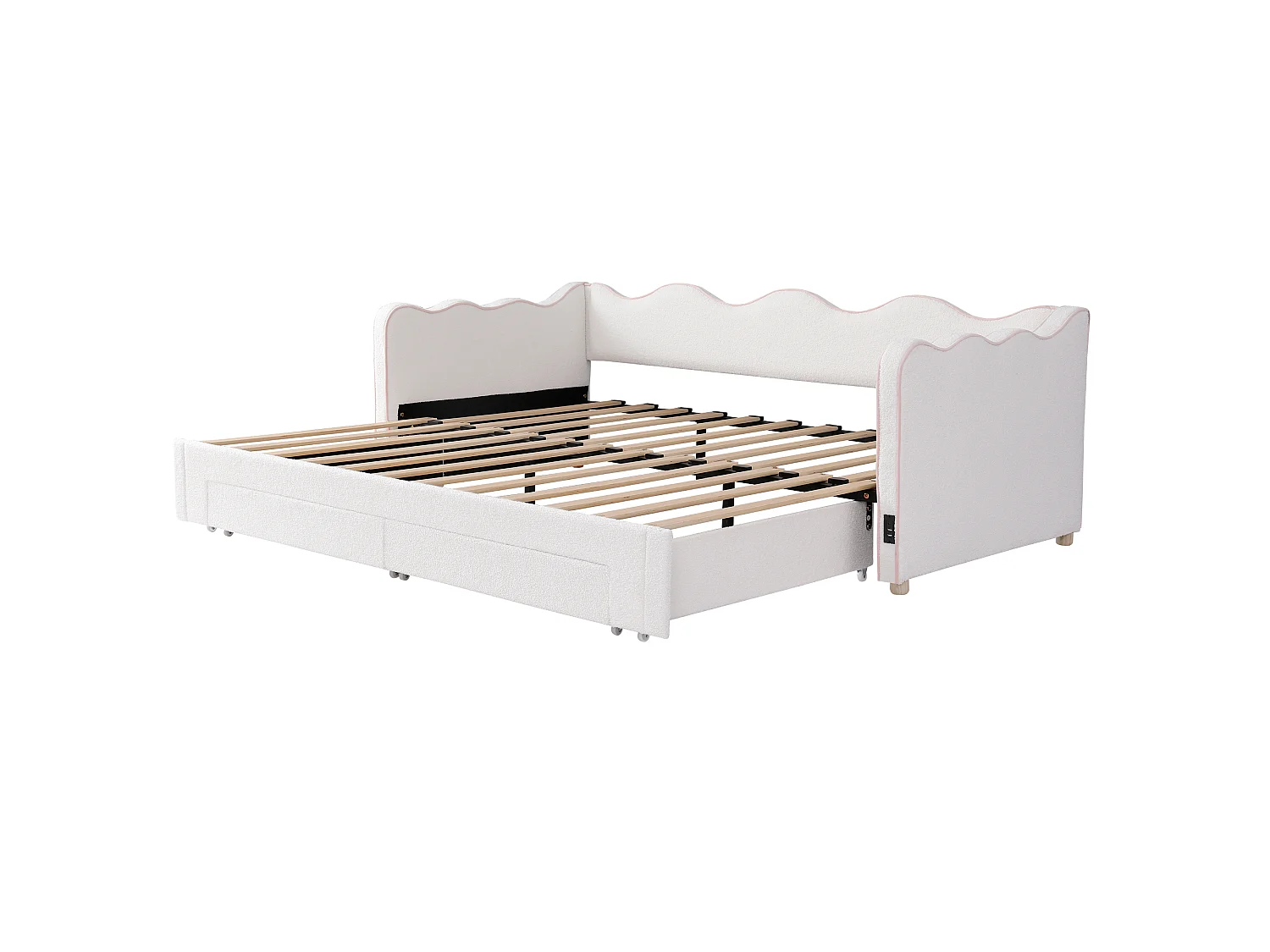 Trundle bed 90/180 x 200 cm with 2 drawers, USB/Type-C - Bouclé - 217 x 184.5 x 75 cm - Beige (Mattress not included)