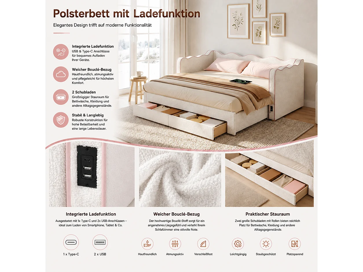 Trundle bed 90/180 x 200 cm with 2 drawers, USB/Type-C - Bouclé - 217 x 184.5 x 75 cm - Beige (Mattress not included)