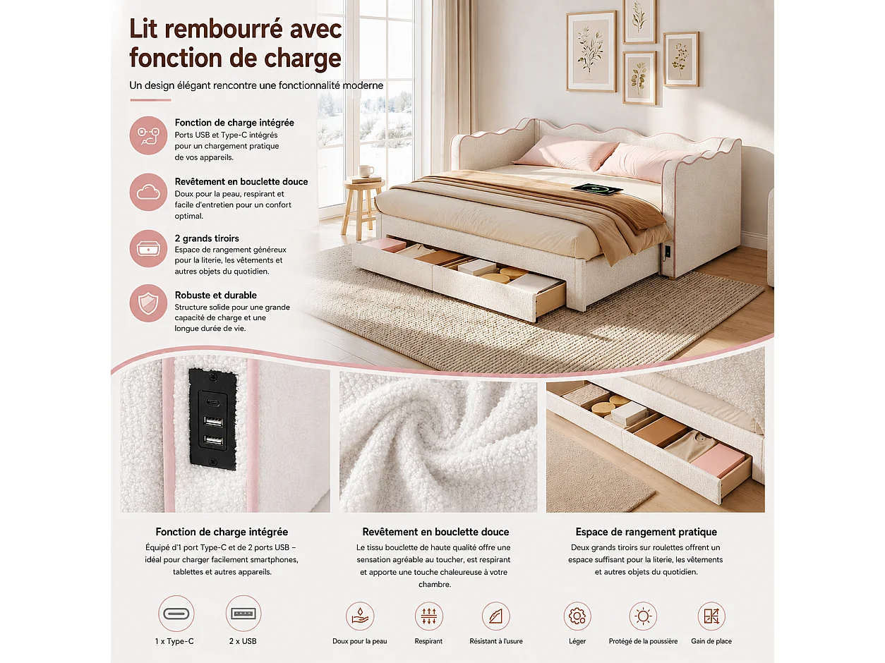 Trundle bed 90/180 x 200 cm with 2 drawers, USB/Type-C - Bouclé - 217 x 184.5 x 75 cm - Beige (Mattress not included)