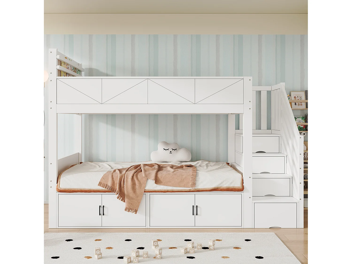 Bunk bed 2 x 90 x 200 cm with 8 doors and raised safety rail – Pine, plywood, MDF – White (Mattress not included)
